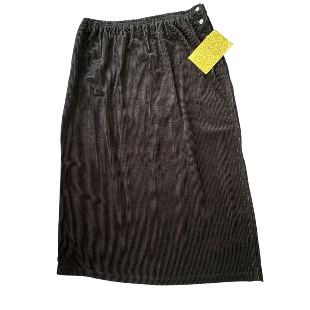 NEW Denim & Co Black Corduroy Maxi Skirt Womens 1X Elastic Waist Buttons Cotton